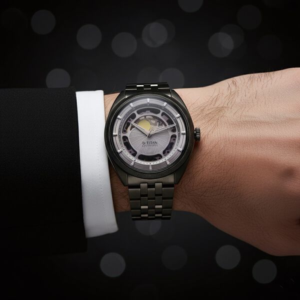 Titan Stellar Cupola Automatic Analog with Sun Moon Phase and Silver Dial Dark Gun Stainless Steel Strap Watch for Men - image number 7