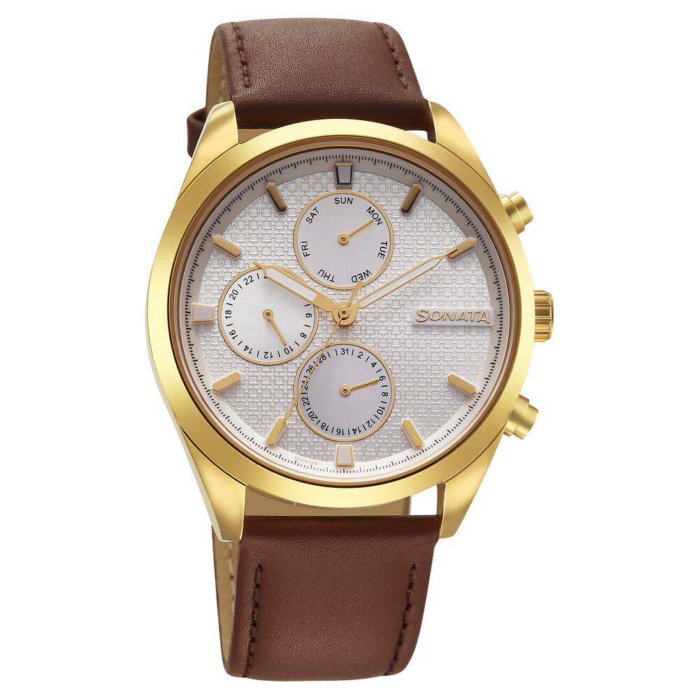 Sonata Magna Quartz Multifunction Silver Dial Brown Leather Strap Watch For Men-picture-35