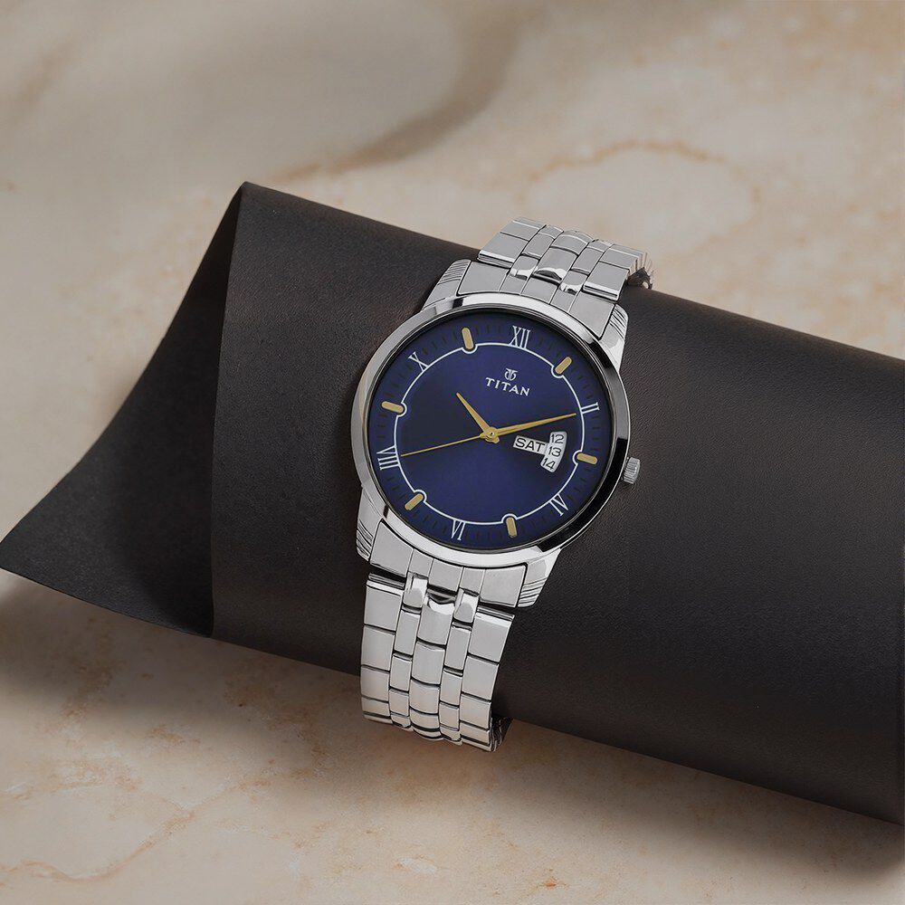 Titan Analog with Day and Date Blue Dial Stainless Steel Strap watch for Men