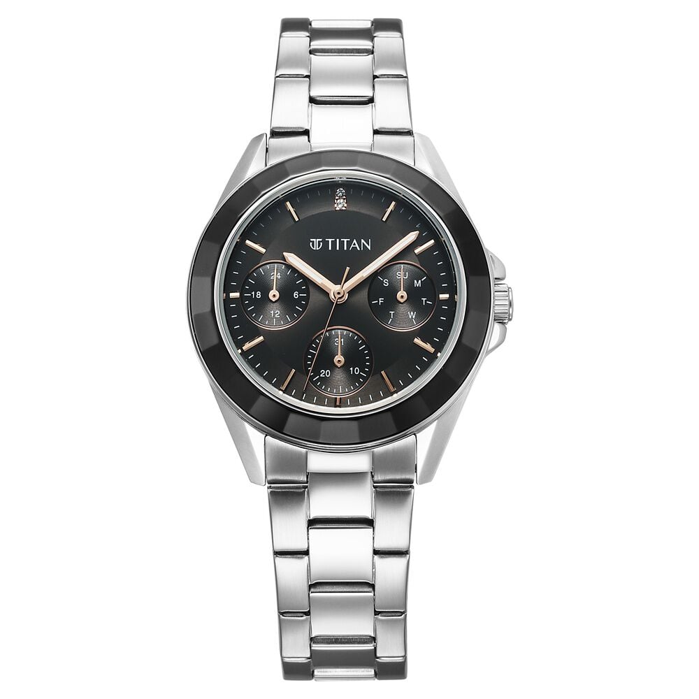 Titan Glamour Quartz Multifunction Black Dial Silver Stainless Steel Strap Watch For Women-image-35