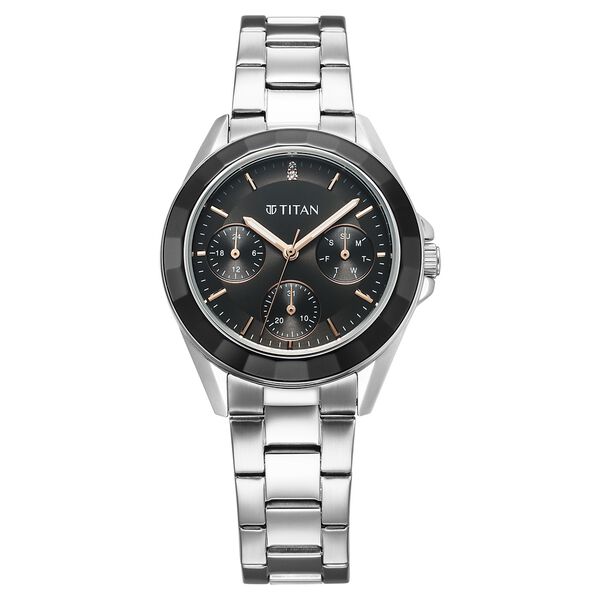 Titan Glamour Quartz Multifunction Black Dial Silver Stainless Steel Strap Watch For Women - image number 0