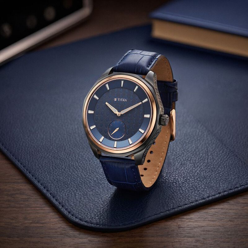 Titan Regalia Opulent Offset Second Hand Blue Dial Blue Leather Strap Watch For Men