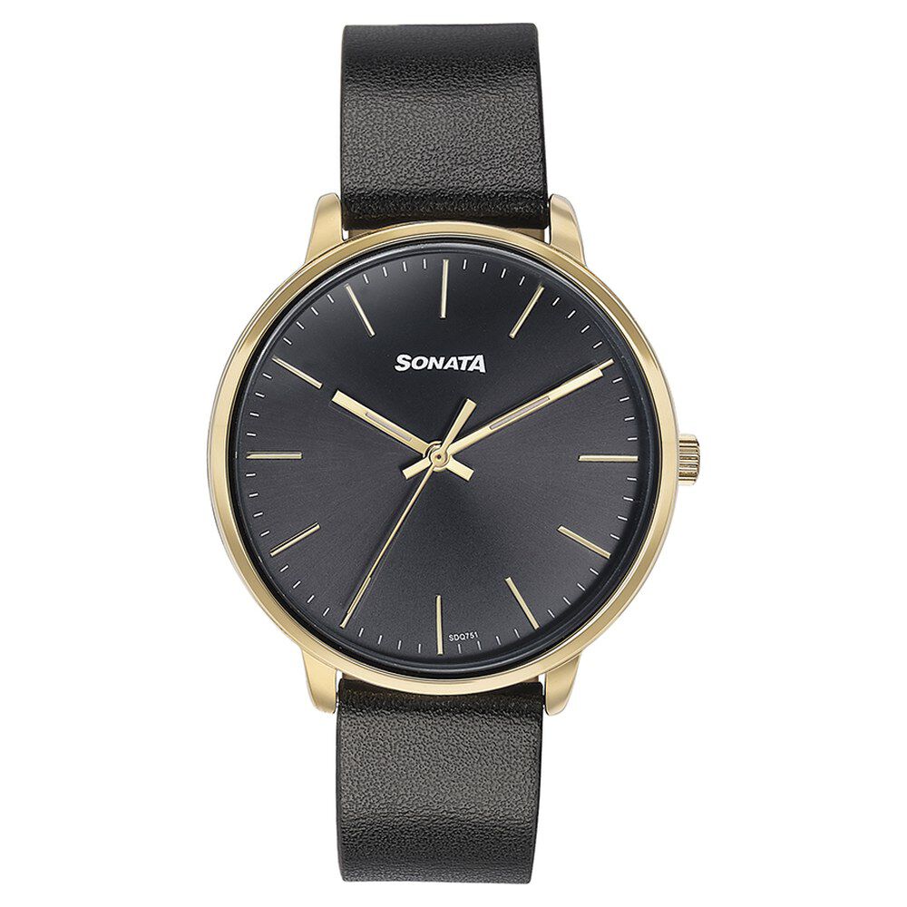 Buy Online Sonata Quartz Analog Black Dial Black Leather Strap Watch For Women 87069yl01 Titan