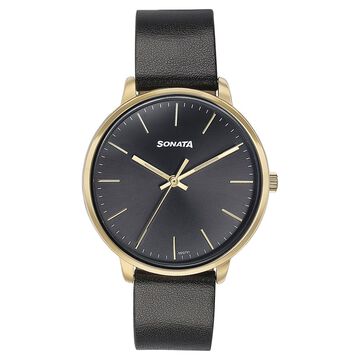 Sonata Quartz Analog Black Dial Black Leather Strap Watch For Women