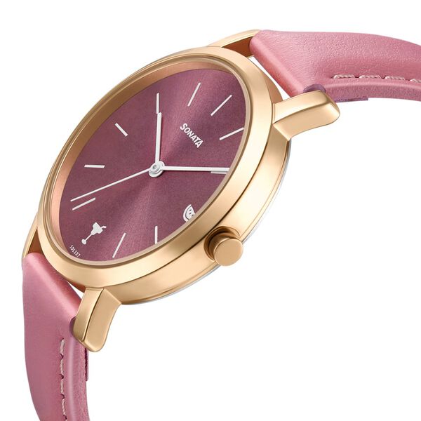 Buy Online Sonata Play Pink Dial Women Watch With Leather Strap