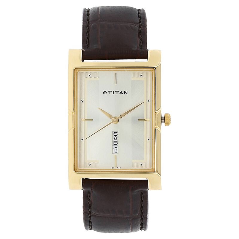 Titan Quartz Analog with Day and Date Champagne Dial Leather Strap Watch for Men