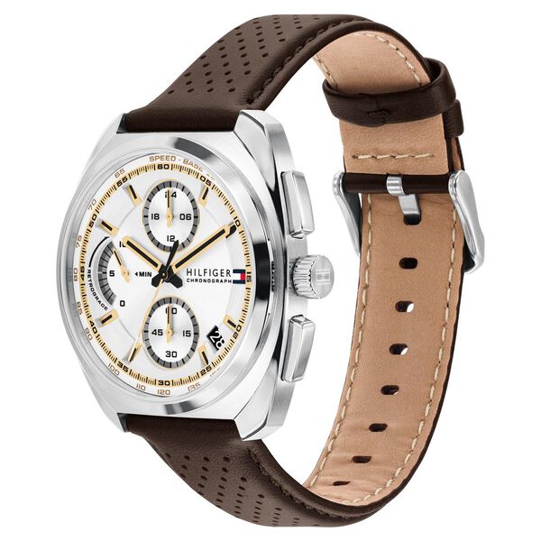 Tommy Hilfiger Quartz Chronograph Silver Dial Brown Leather Strap Watch For Men - image number 1