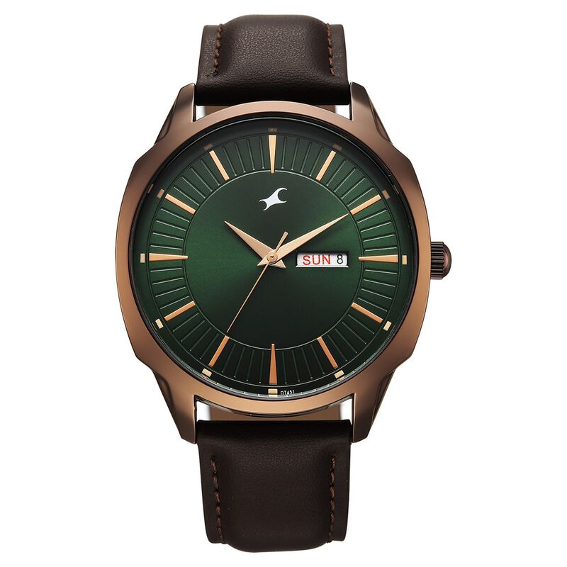 Fastrack Stunners Quartz Analog Green Dial Brown Leather Strap Watch For Guys