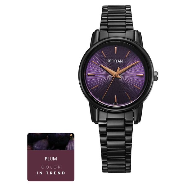 Titan Karishma Quartz Analog Purple Dial Black Stainless Steel Strap Watch For Women - image number 0