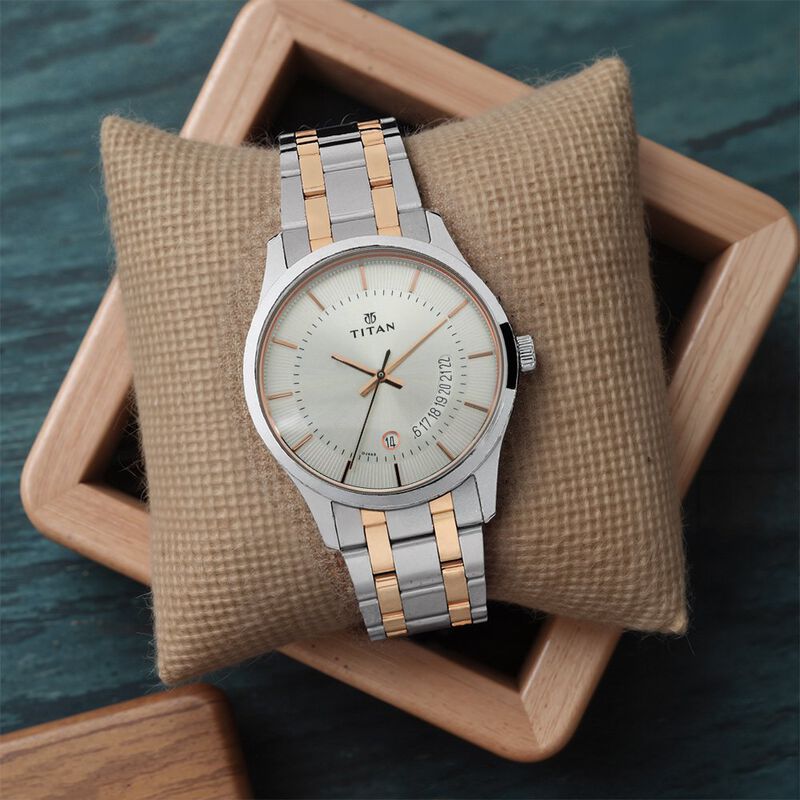 Titan Quartz Analog with Date Silver Dial Stainless Steel Strap Watch for Men