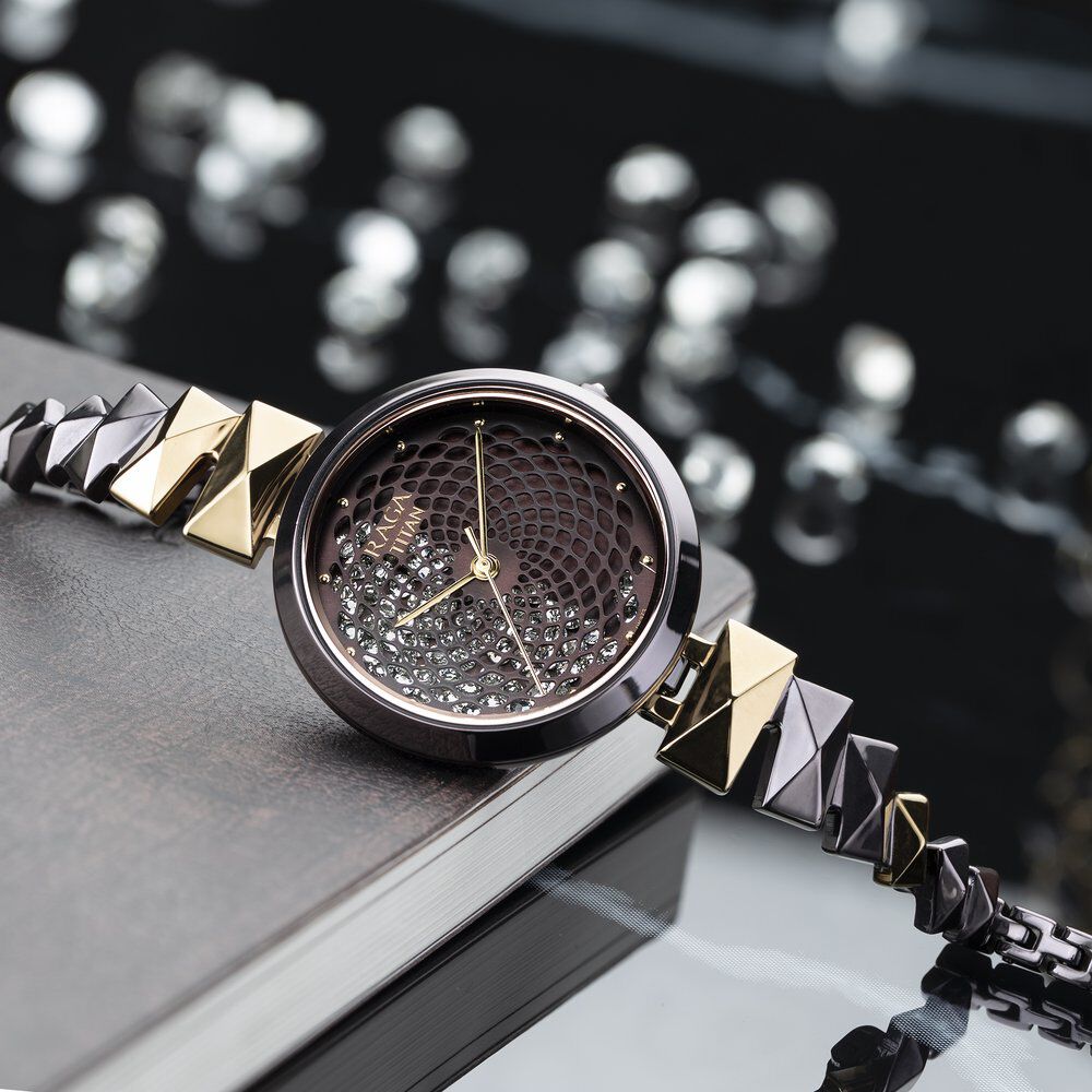 Buy Online Titan Raga Facets Brown Dial Analog Stainless Steel Strap watch for Women ns95121km01 Titan