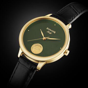 Sonata Gold Quartz Analog Sacred Forest Green With Gold Coin Dial Black Leather Strap Watch For Women