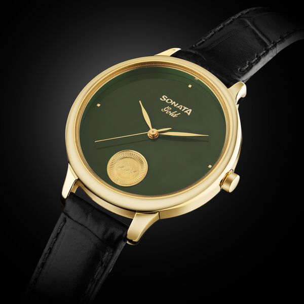 Sonata Sonata Gold Quartz Analog Sacred Forest Green With Gold Coin Dial Black Leather Strap Watch For Women - image number 1