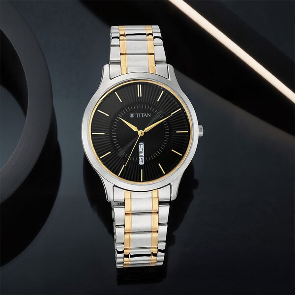Titan Quartz Analog with Day and Date Black Dial Metal Strap Watch for Men