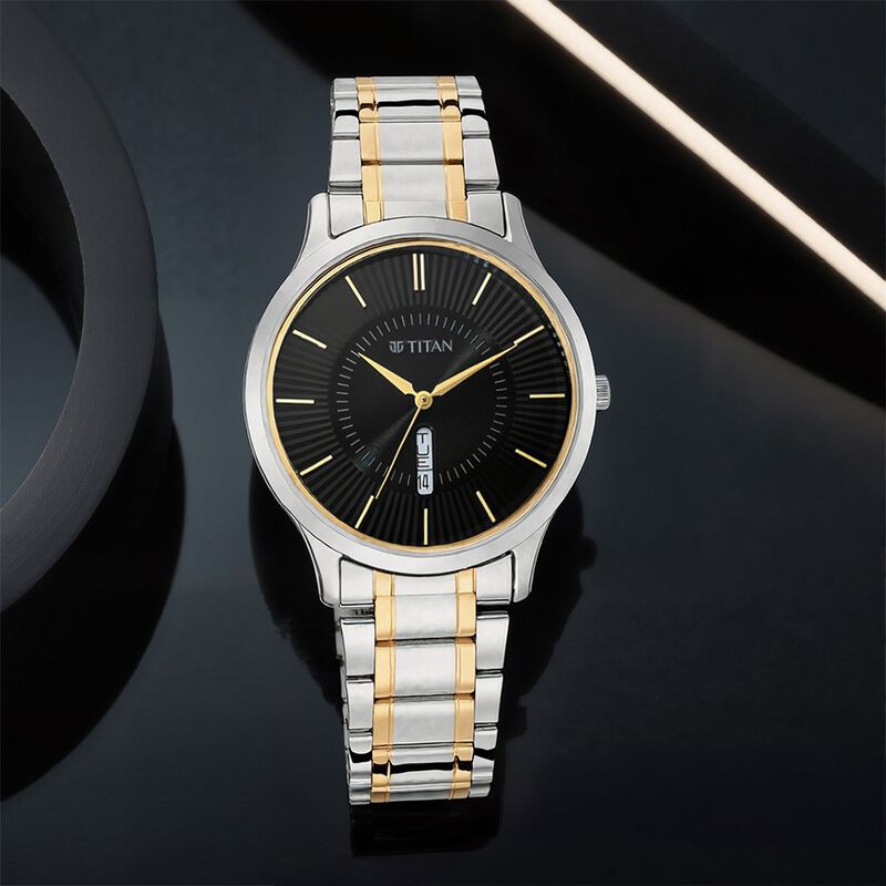 Titan Quartz Analog with Day and Date Black Dial Metal Strap Watch for Men
