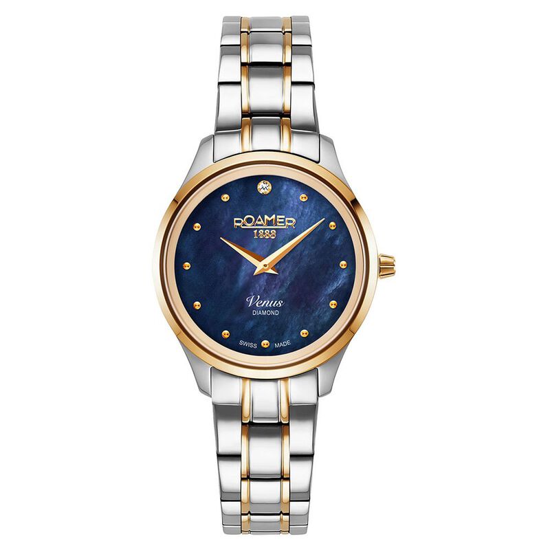 Roamer Venus Diamond Quartz Analog Blue Mother Of Pearl Dial Two Toned Stainless Steel Strap Watch For Women