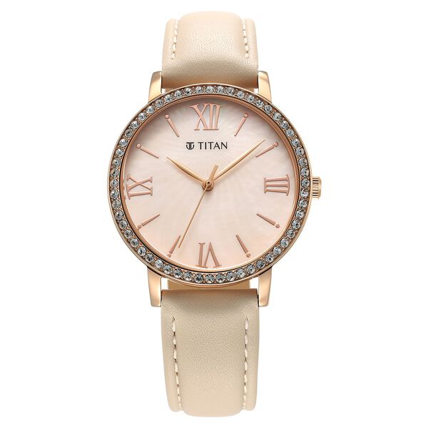 Titan Purple Style Up Quartz Analog Pink Dial Leather Strap Watch for Women