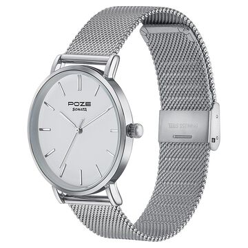 Sonata Poze Quartz Analog White Dial Silver Metal Strap Watch For Men