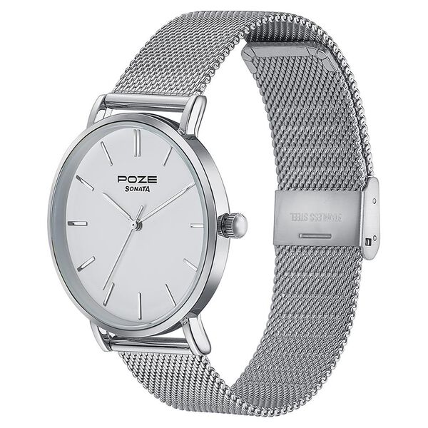 Sonata Poze Quartz Analog White Dial Silver Metal Strap Watch For Men - image number 3