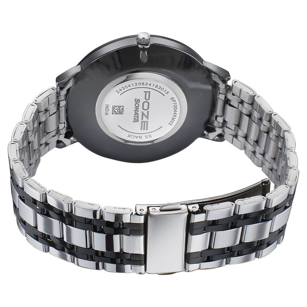 Buy Online Sonata Poze Quartz Analog Black Dial Silver Metal Strap