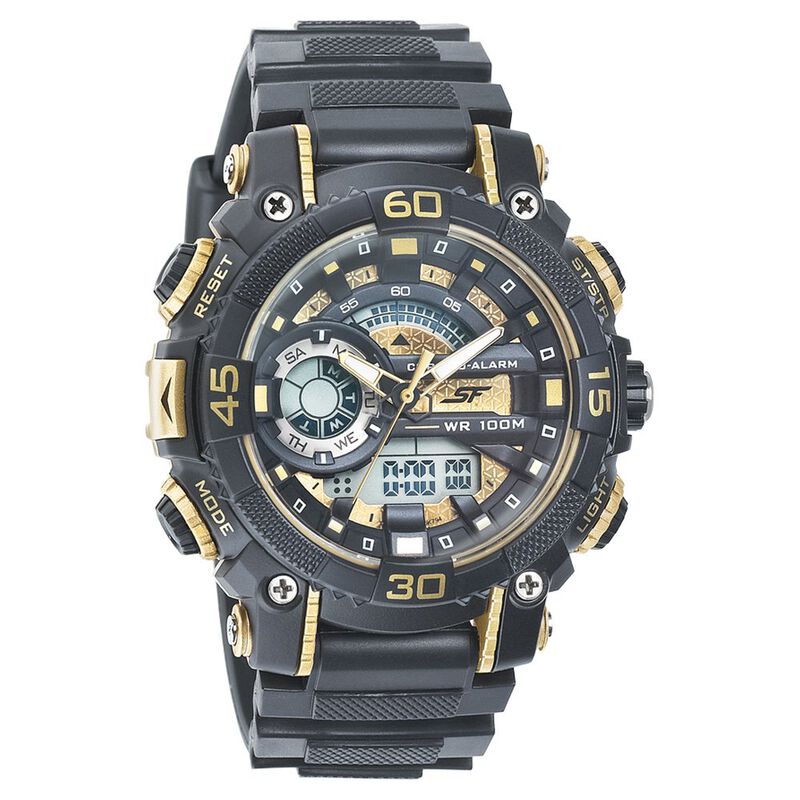SF Quartz Analog Digital Golden Dial PU Strap Watch for Men