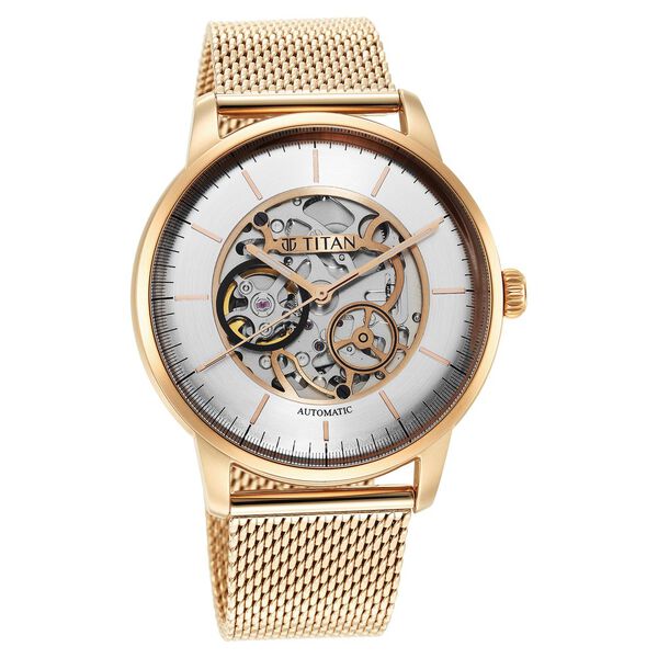 Titan Skeletal Automatic Gold Dial Gold Stainless Steel Strap Watch for Men - image number 1