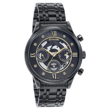 Sonata Quartz Multifunction Black Dial Stainless Steel Strap Watch For Men
