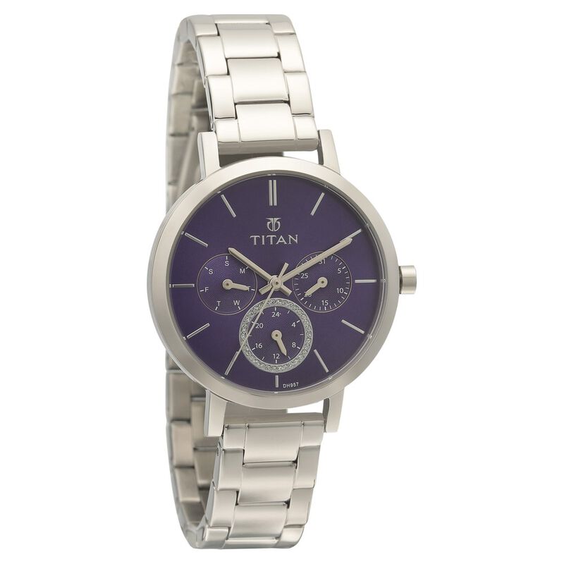 Titan Quartz Multifunction Purple Dial Stainless Steel Strap Watch for Women