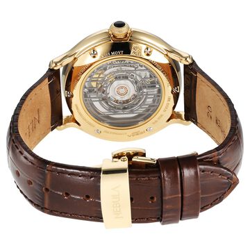 Titan Nebula Art Deco 18k Gold Skeleton Automatic Swiss calibre Leather Strap Watch for Men