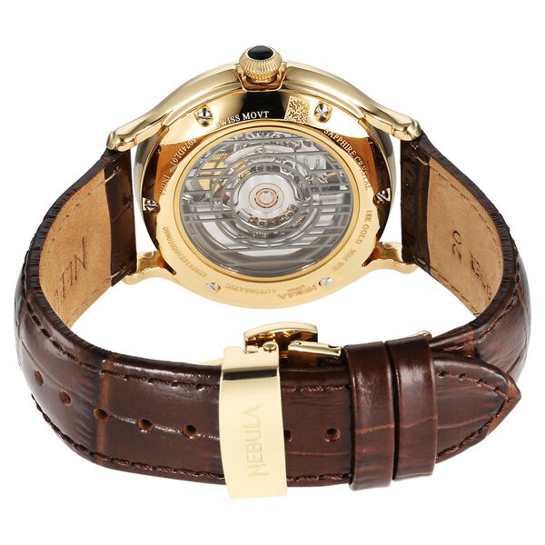 Titan Nebula Art Deco 18k Gold Skeleton Automatic Swiss calibre Leather Strap Watch for Men - image number 5