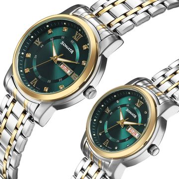 Sonata Perfect Pairs Quartz Analog Teal Dial Two Toned Metal Strap Watch For Couple