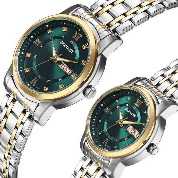 Sonata Perfect Pairs Quartz Analog Teal Dial Two Toned Metal Strap Watch For Couple - image number 2