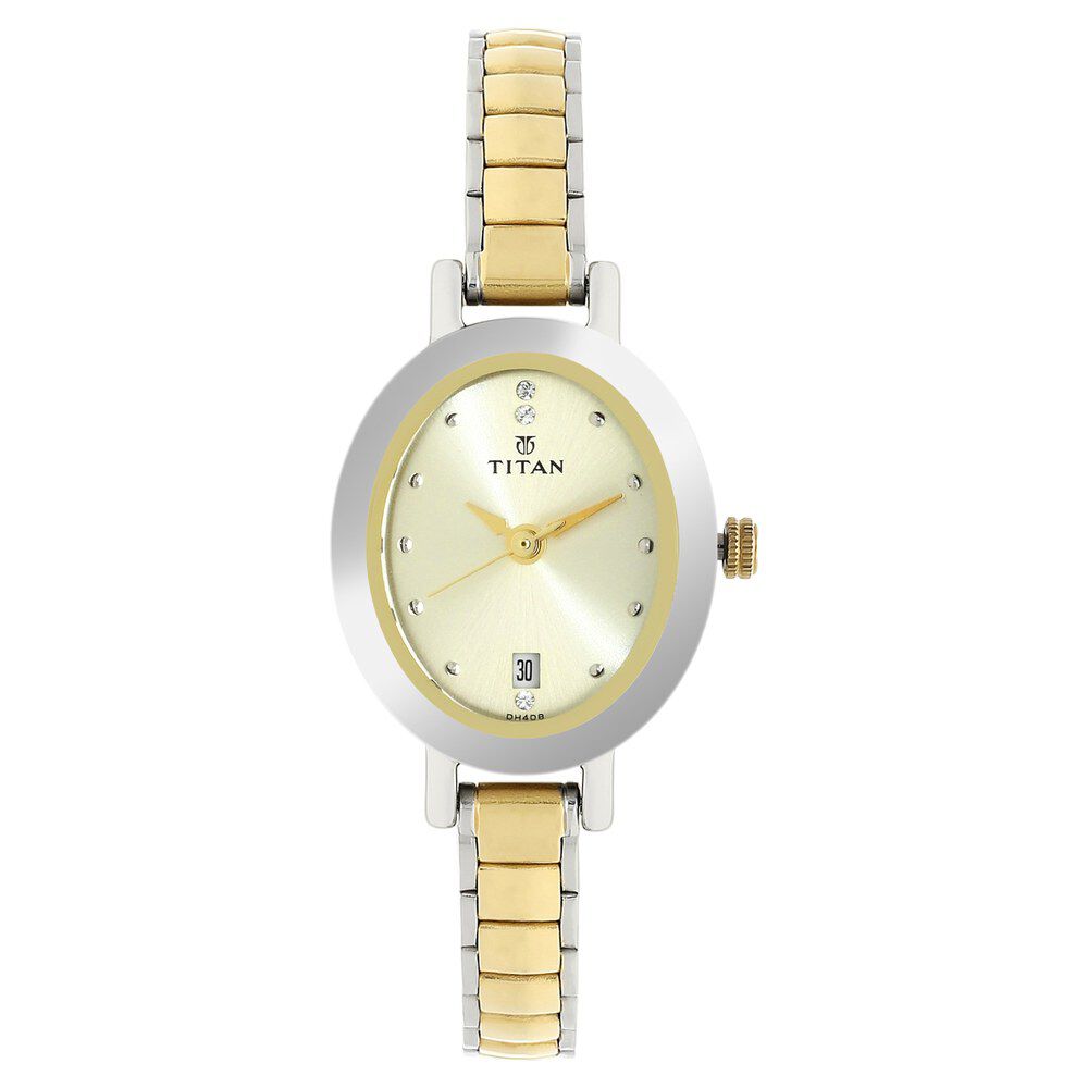 Titan Quartz Analog with Date Champagne Dial Stainless Steel Strap Watch for Women