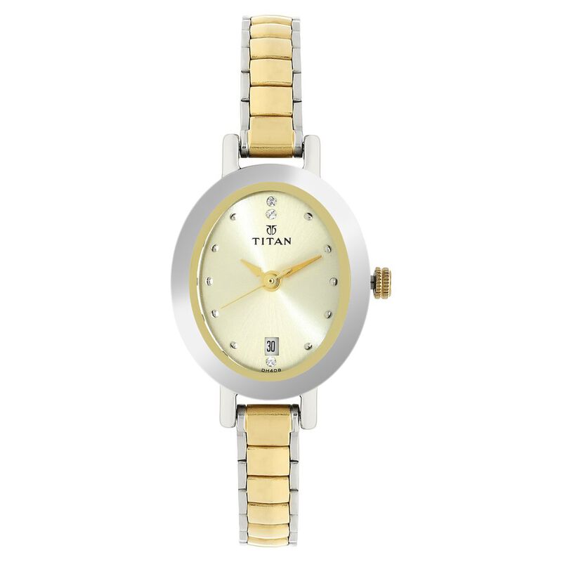 Titan Quartz Analog with Date Champagne Dial Stainless Steel Strap Watch for Women