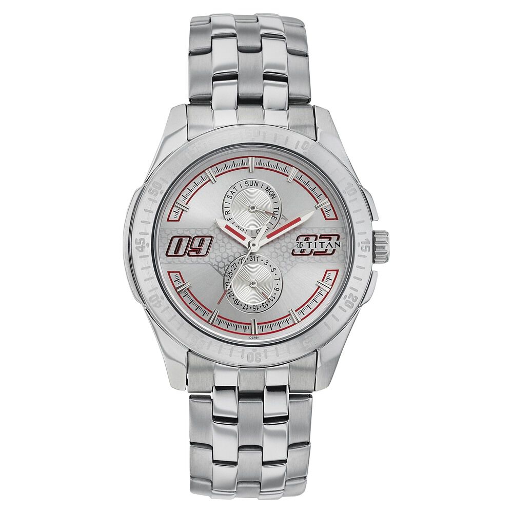 Buy Online Titan Quartz Analog with Day and Date Silver Dial Stainless Steel Strap Watch for Men nf1587sm04 Titan