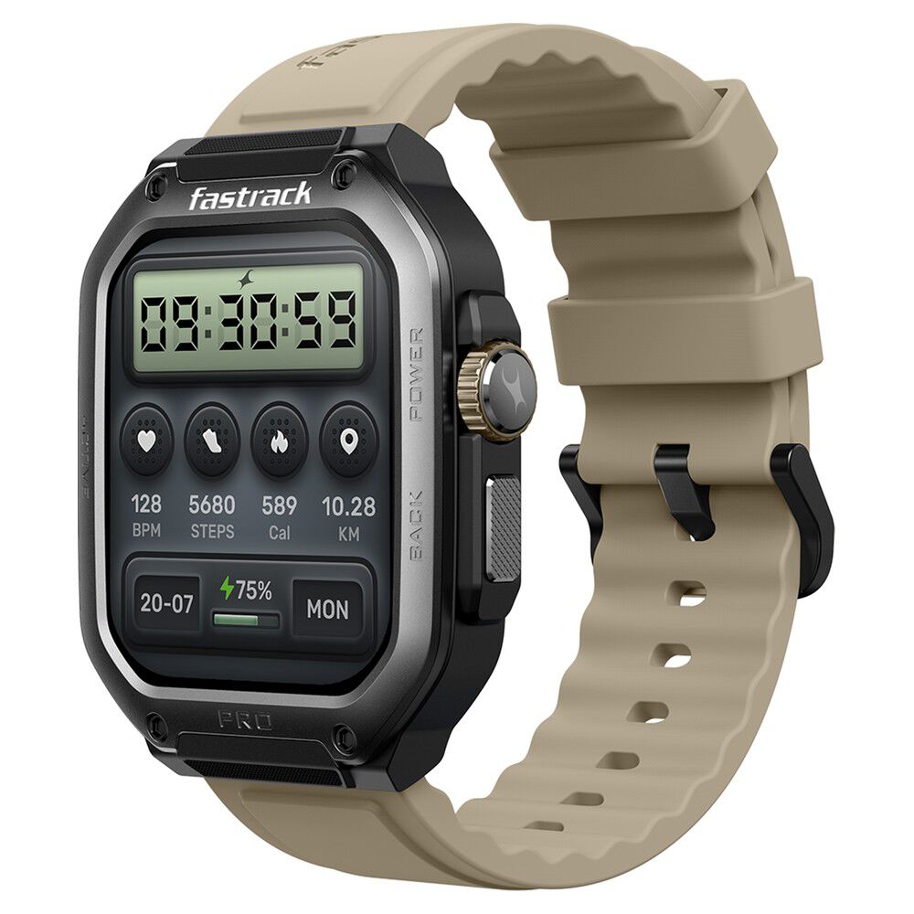 Buy Online Fastrack Active Pro with 4.69 cm AMOLED Display and AOD Functional Crown BT Calling Rugged Smartwatch with Khaki Strap 38106pp02 Titan