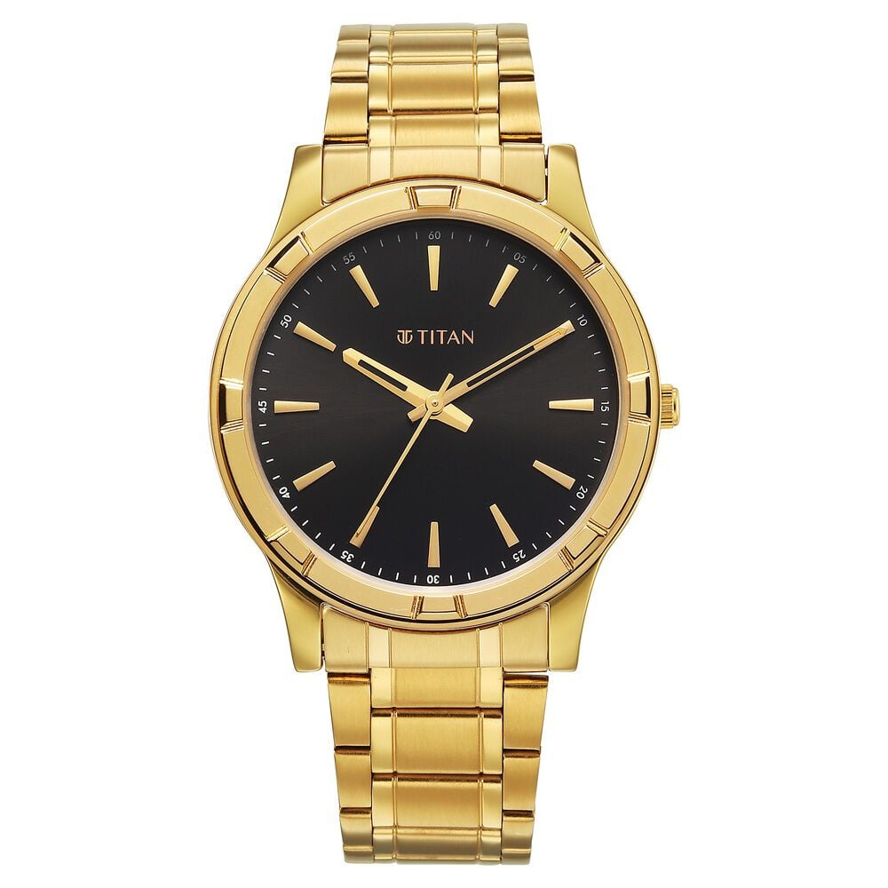 Titan Karishma Quartz Analog Black Dial Golden Stainless Steel Strap Watch For Men-image-12