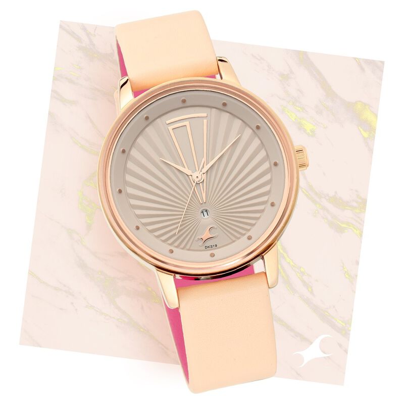 Fastrack Ruffles Quartz Analog with Date Beige Dial Leather Strap Watch for Girls - image number 0