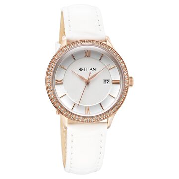 Titan Bright Leathers Silver Dial Analog with Date Leather Strap watch for Women
