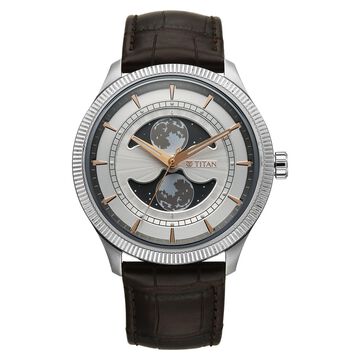Titan Stellar Analog with Dual Moon Phase and Silver Dial Brown Leather Strap Watch for Men