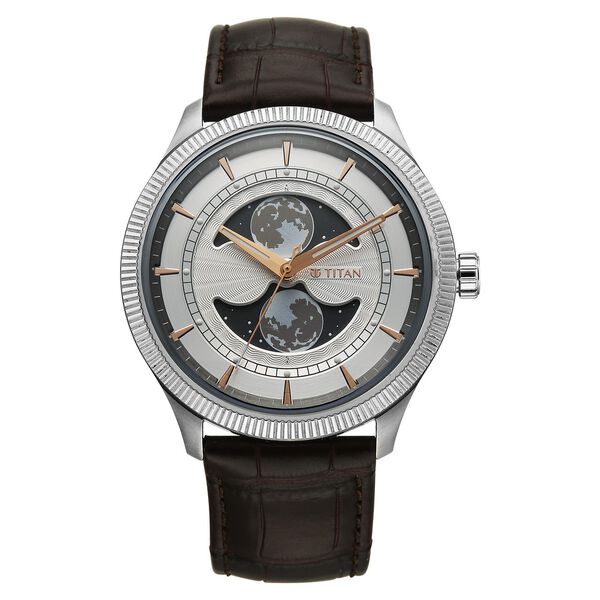 Titan Stellar Analog with Dual Moon Phase and Silver Dial Brown Leather Strap Watch for Men - image number 1