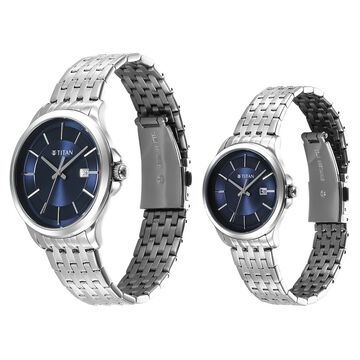 Titan Bandhan Quartz Analog with Date Blue Dial Silver Stainless Steel Strap Watch For Couple