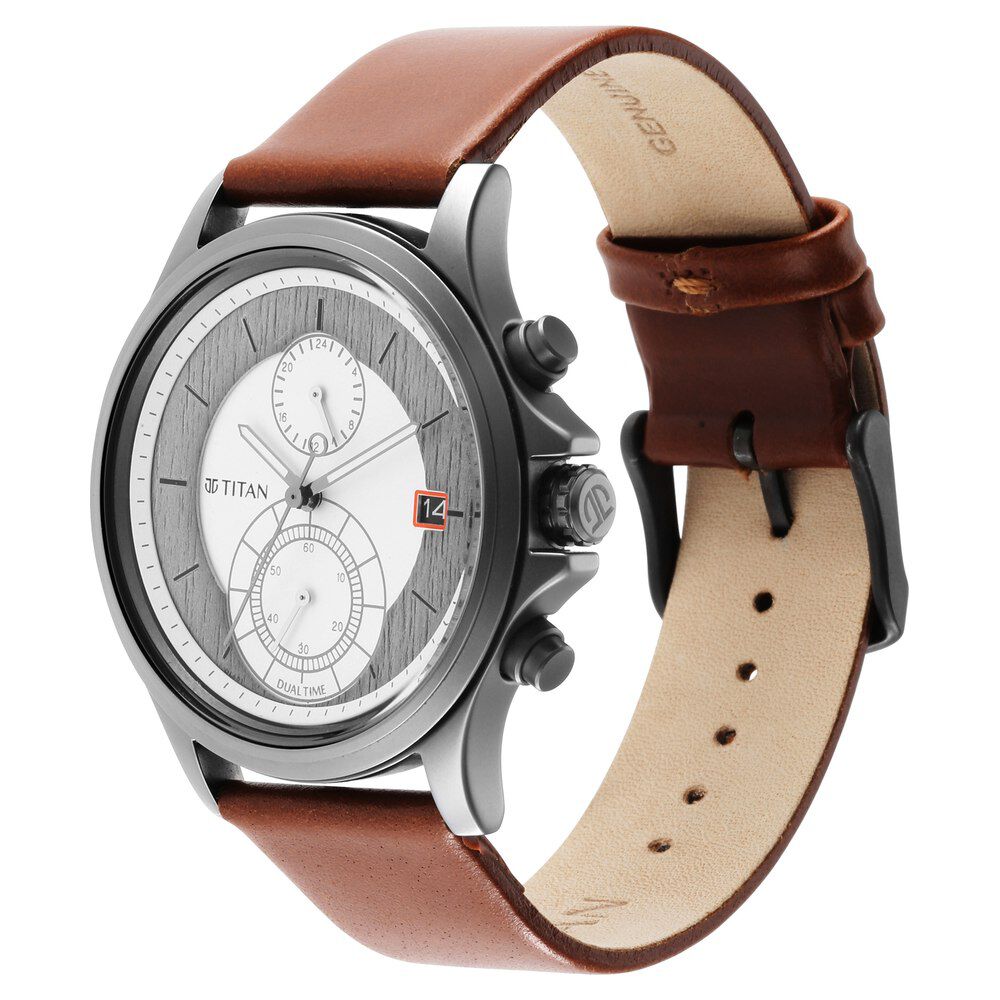Buy Online Titan Workwear Silver Dual Time Quartz Leather Strap