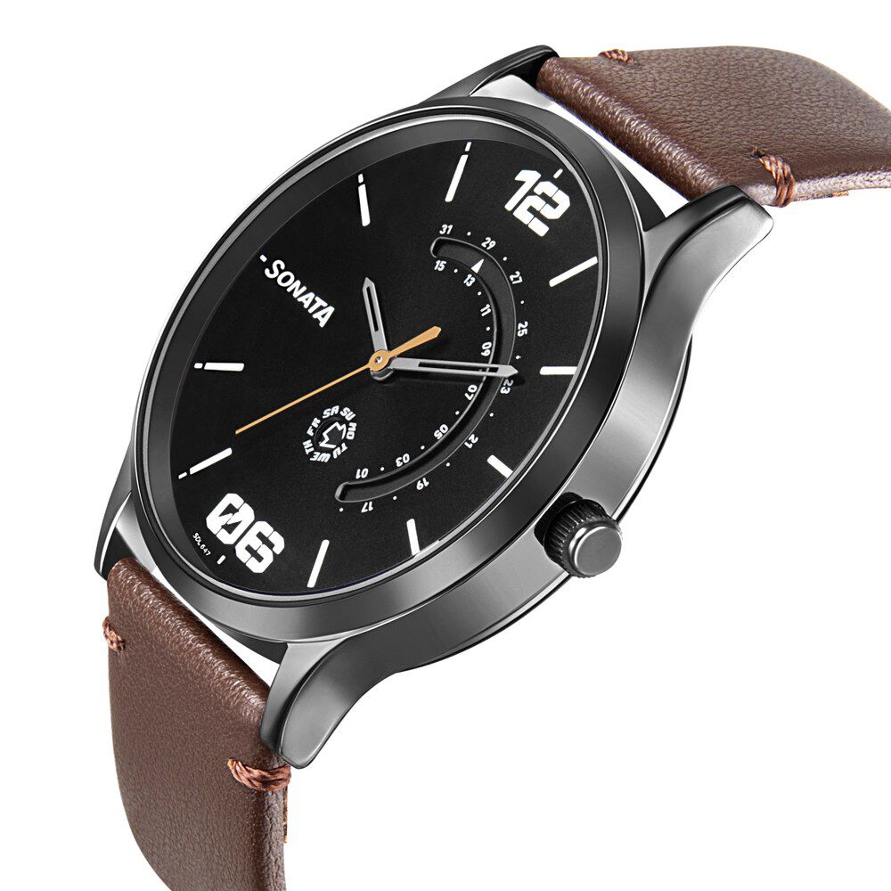 Buy Online Sonata RPM Quartz Analog with Day and Date Brown Dial Leather Strap Watch for Men 77105nl01 p Titan