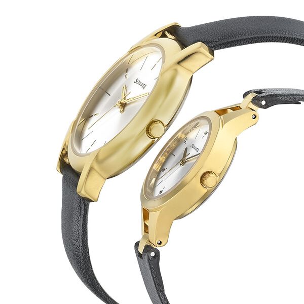 Sonata Quartz Analog Silver Dial Leather Strap Watch for Couple - image number 2