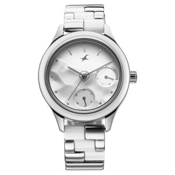 Fastrack Cerame Quartz Multifunction Silver Dial With Silver Color Steel & Ceramic Strap Watch For Girls