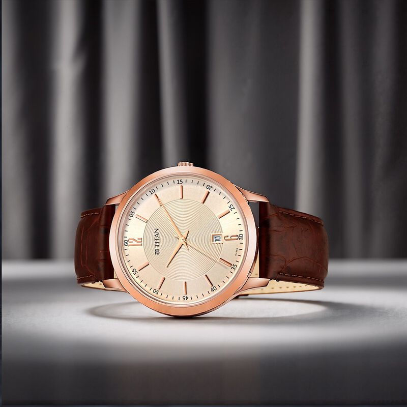 Titan Rose Gold Dial Analog with Date Leather Strap watch for Men