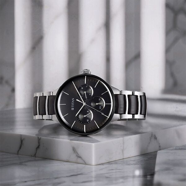 Titan Ceramic Fusion Quartz Multifunction Black Dial Silver Dual-Toned Stainless Steel Bracelet Watch for Men - image number 0