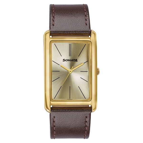 Sonata Ascent Gold Rectangular Watch with Brown Leather - image number 0