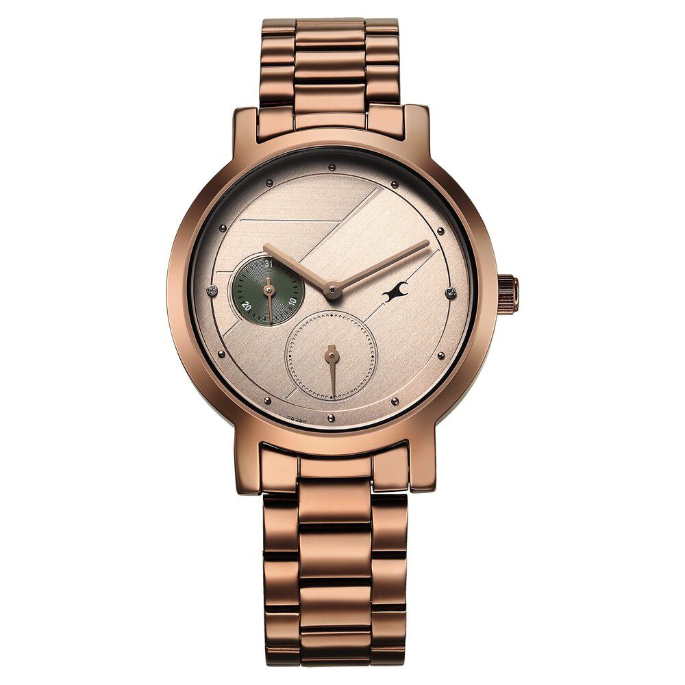 Buy Online Fastrack Tick Tock Quartz Analog Beige Dial With Brown Stainless steel Strap Watch for Girls 6225qm01 Titan